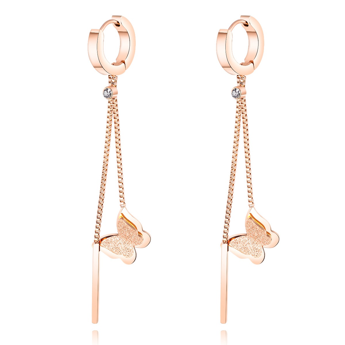 Factory Price Butterfly tassels zircon Gold Plated Stainless Titanium Steel Hoop Earrings beauty Fashion Gift ornament wholesale