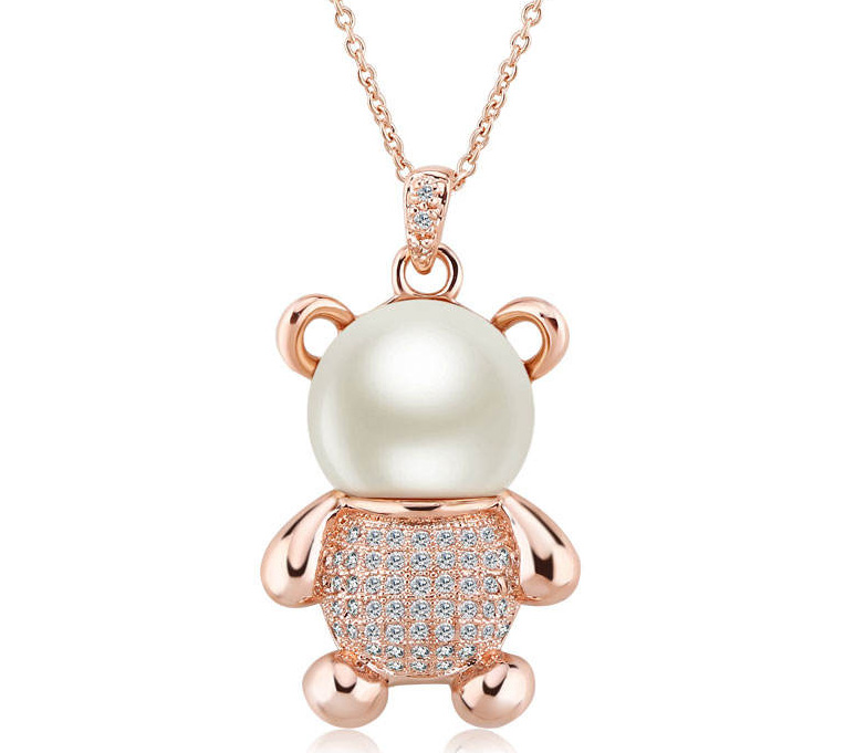 Factory Price Beautiful Cute Bear Crystal & Fresh Pearl Gold Plated Pendant Necklace Fashion Gift Jewelry manufacture