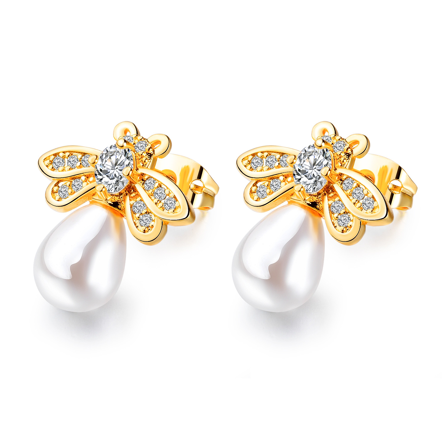 Factory Price Royal Bees Zircon and Pearl Gold Plated Stainless Titanium Steel Earrings Beauty Fashion Gift ornament Manufacture
