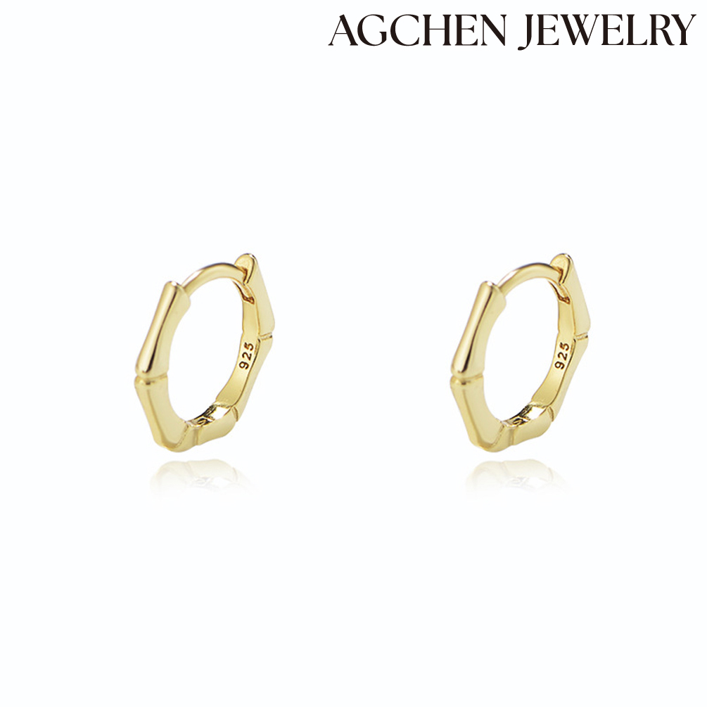 AGCHEN 925 sterling silver geometric square bamboo hoop earrings women ins cold vint AGe ear buckle niche design advanced loop earrings AGKE3294