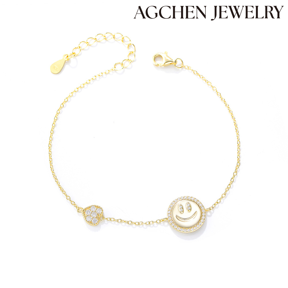 AGCHEN Smile Face 925 Sterling Silver Cubic Zirconia 14K Gold Charm Bracelet Jewelry for woman and girls wholesale AGKB0653
