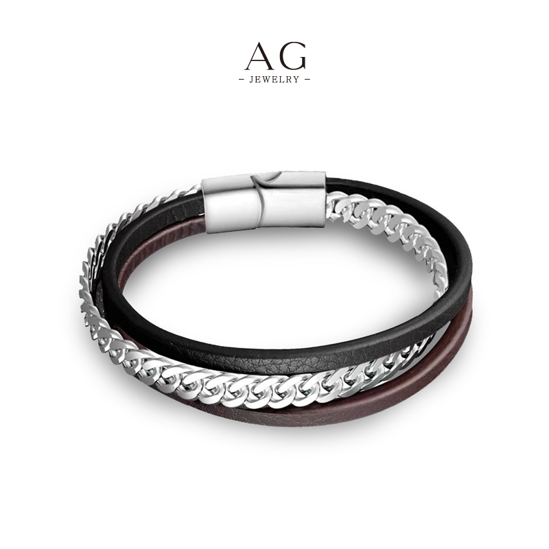 AG Men’s Stainless Steel Leather Cord Bracelet Factory Price Small MOQ Supplier AGSL044
