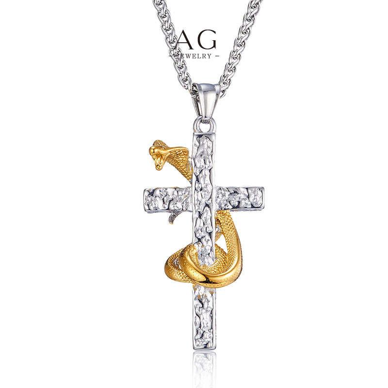 AG Men‘s Stainless Steel Cross Zirconia Snake Design Necklace Factory Price OEM Service Supplier AGS1205