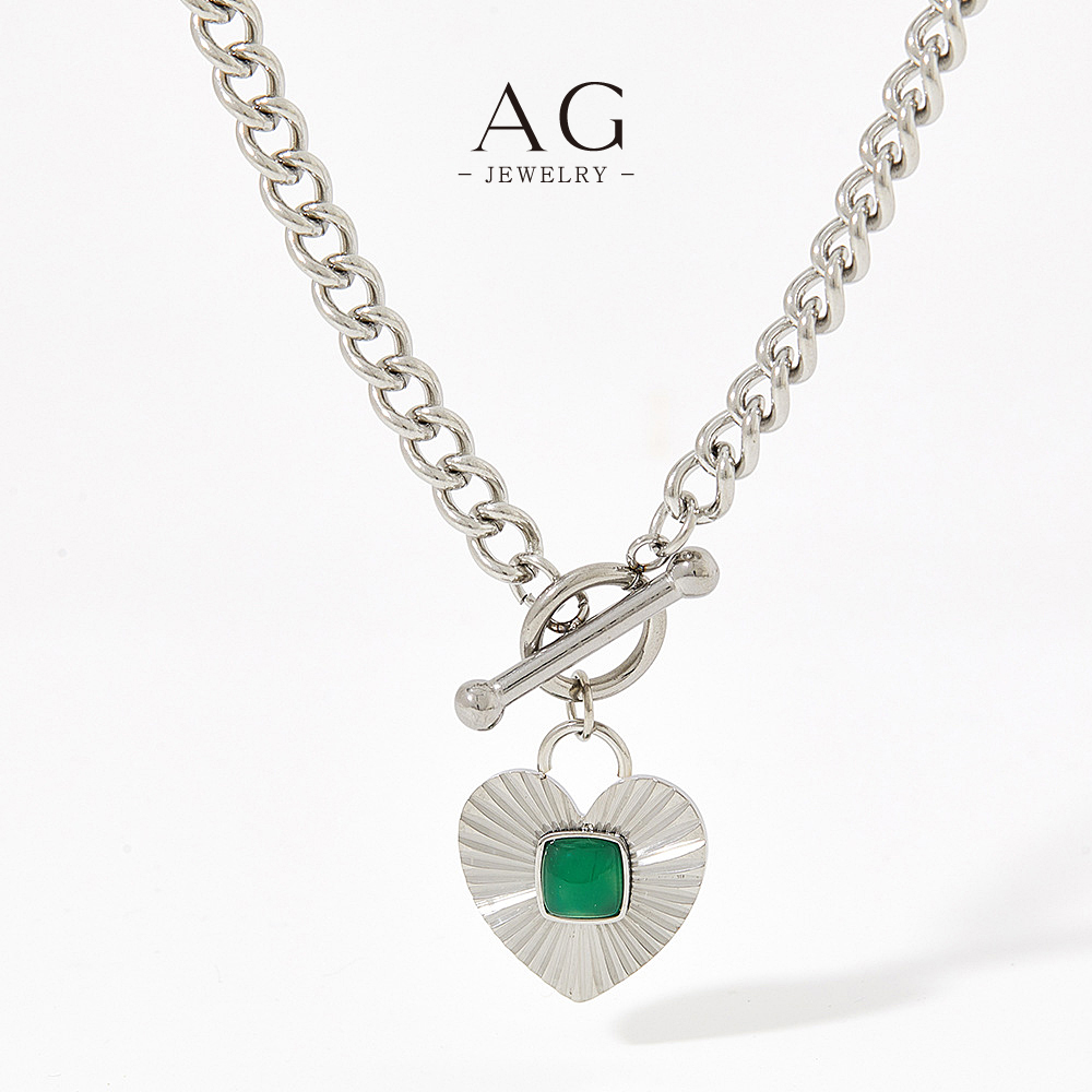 AG Green Agate Heart Pendant Necklace Soothing Gemstone Jewelry Line OEM Service AG980 