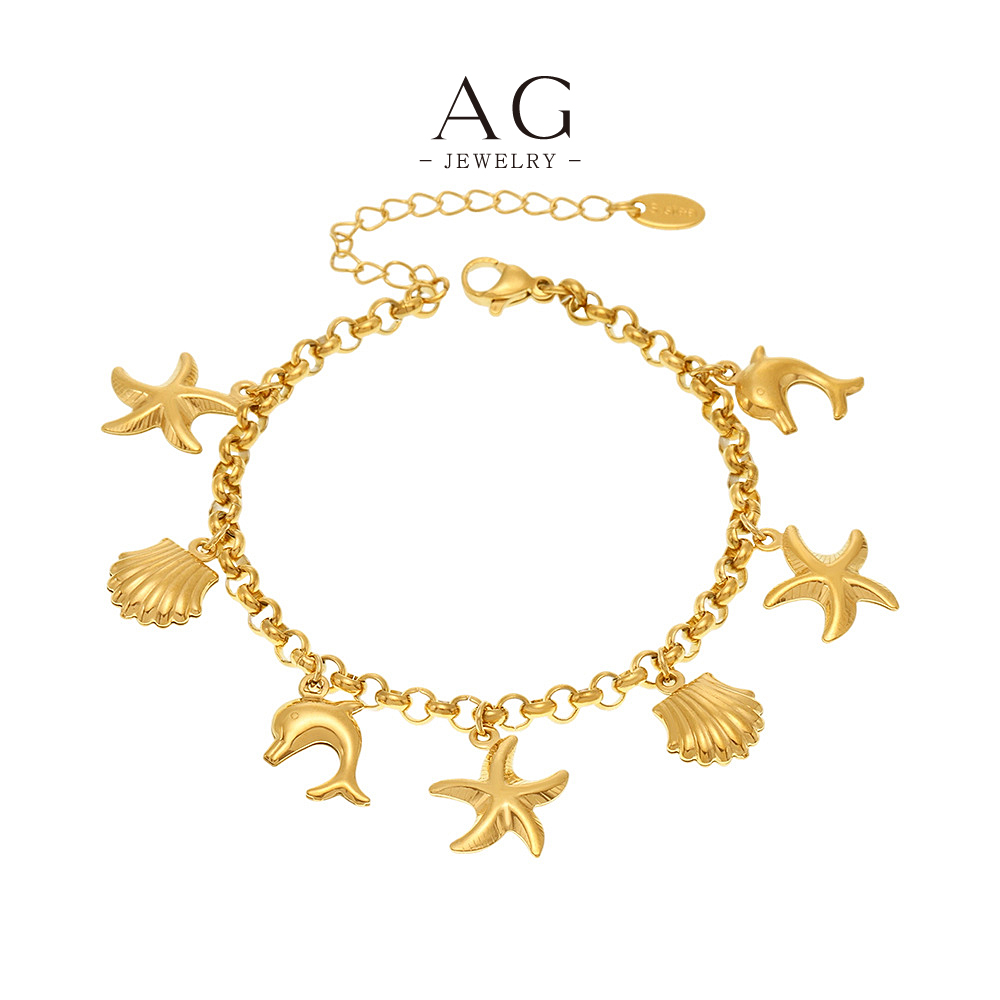 AG Stainless Steel Heart Shell Dolphin Charm Bracelet Ocean Theme Jewelry AGE634