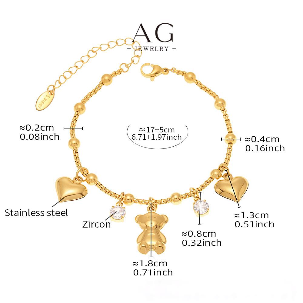 AG Stainless Steel Heart Bear Double Charm Bracelet Cute Romantic Gift AGE638