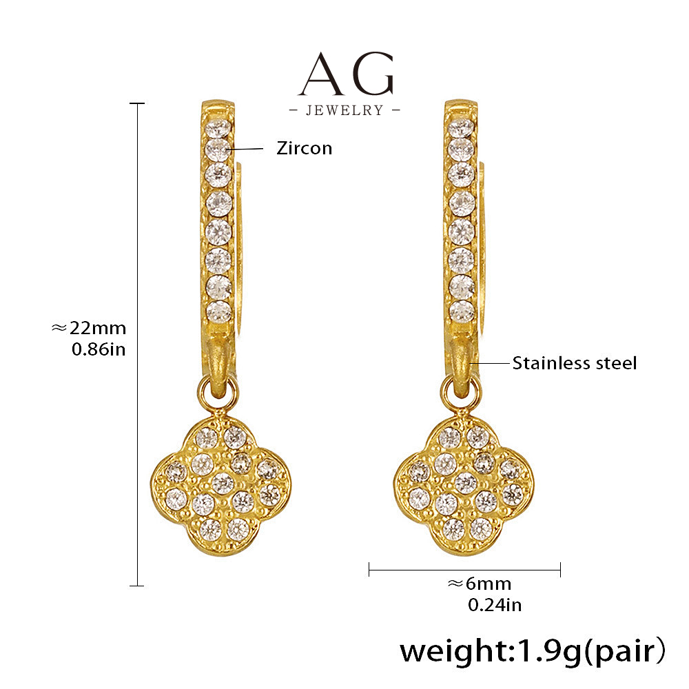 AG Stainless Steel Four Leaf Clover Zirconia Earrings Lucky Charm AGF1691