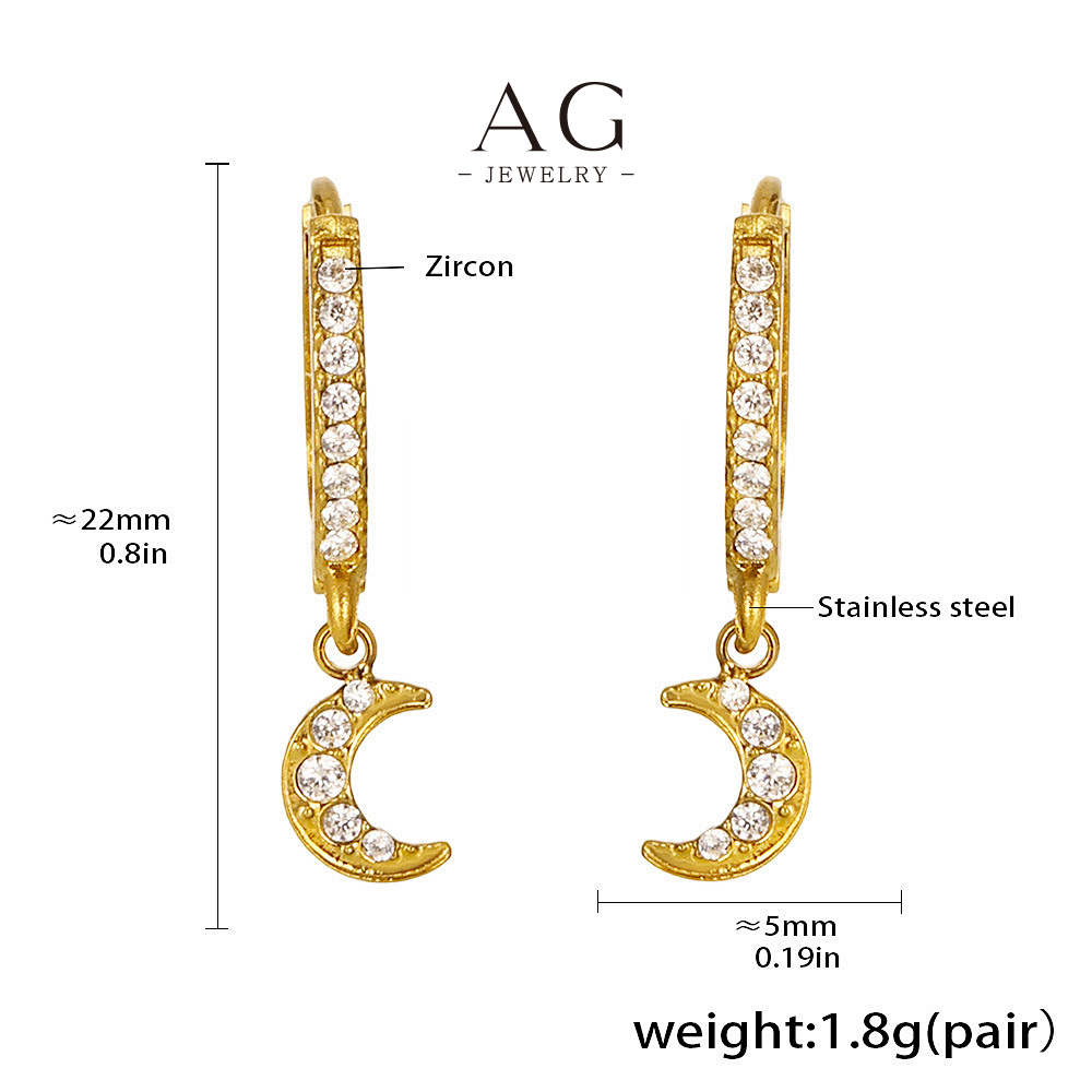 AG Stainless Steel Moon Zirconia Earrings Celestial Night Sky AGF1694