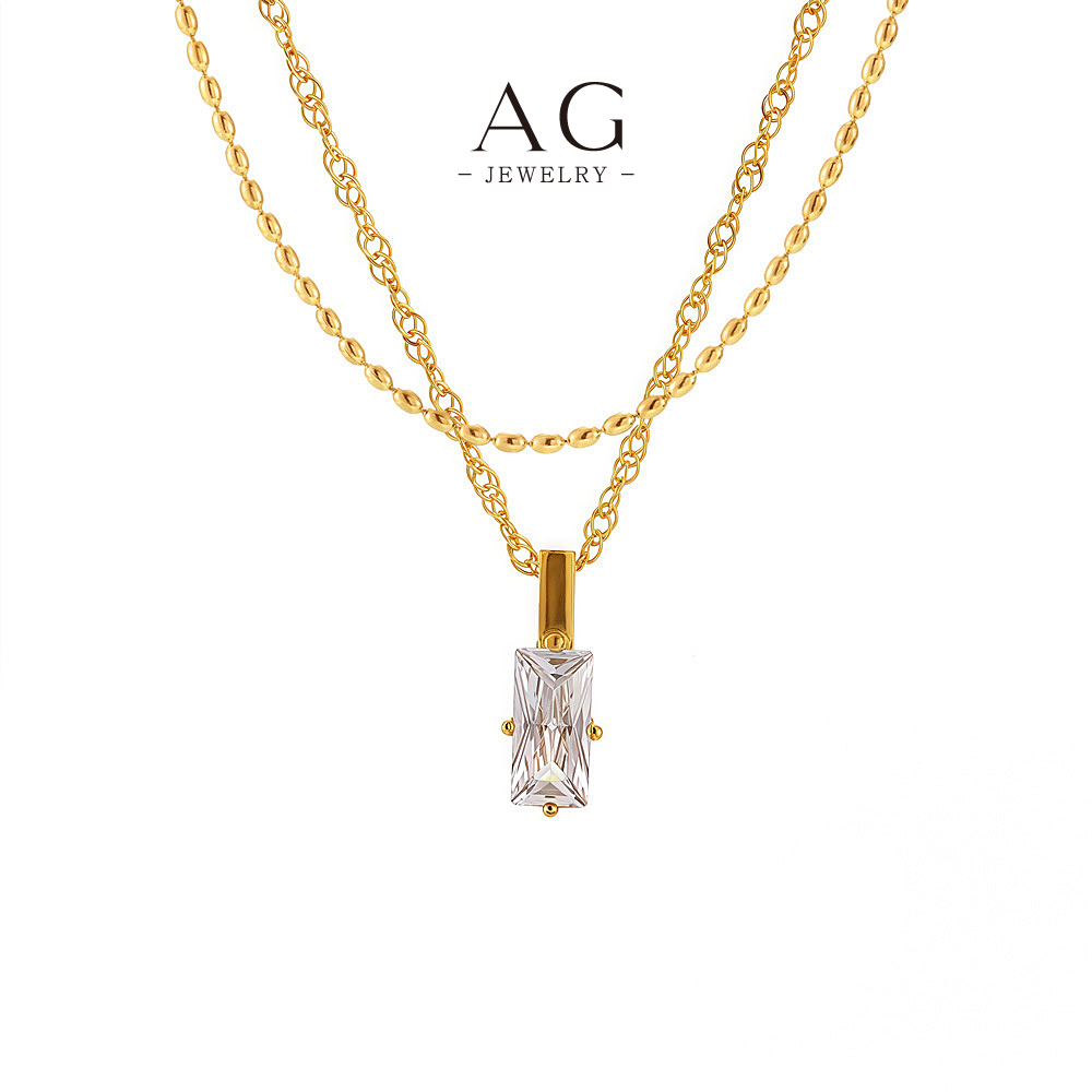 AG Stainless Steel Square Zirconia Statement Necklace For Women Gift Box Ready AGP516