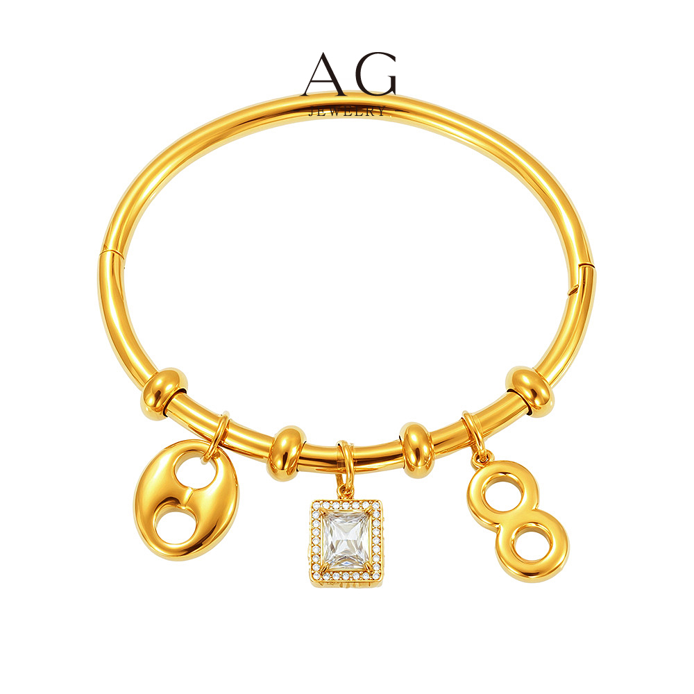 AG Stainless Steel Square Zirconia Infinity Bangle Modern Symbolic Jewelry AGZ401