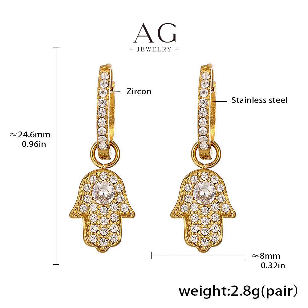 AG Stainless Steel Hamsa Hand Zirconia Earrings Protective Talisman AGF1683