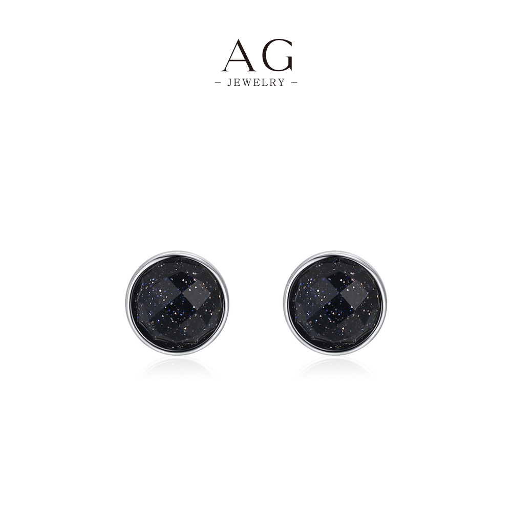 AG Black Round Glitter Zircon Stud Earrings 925 Sterling Silver AGE873