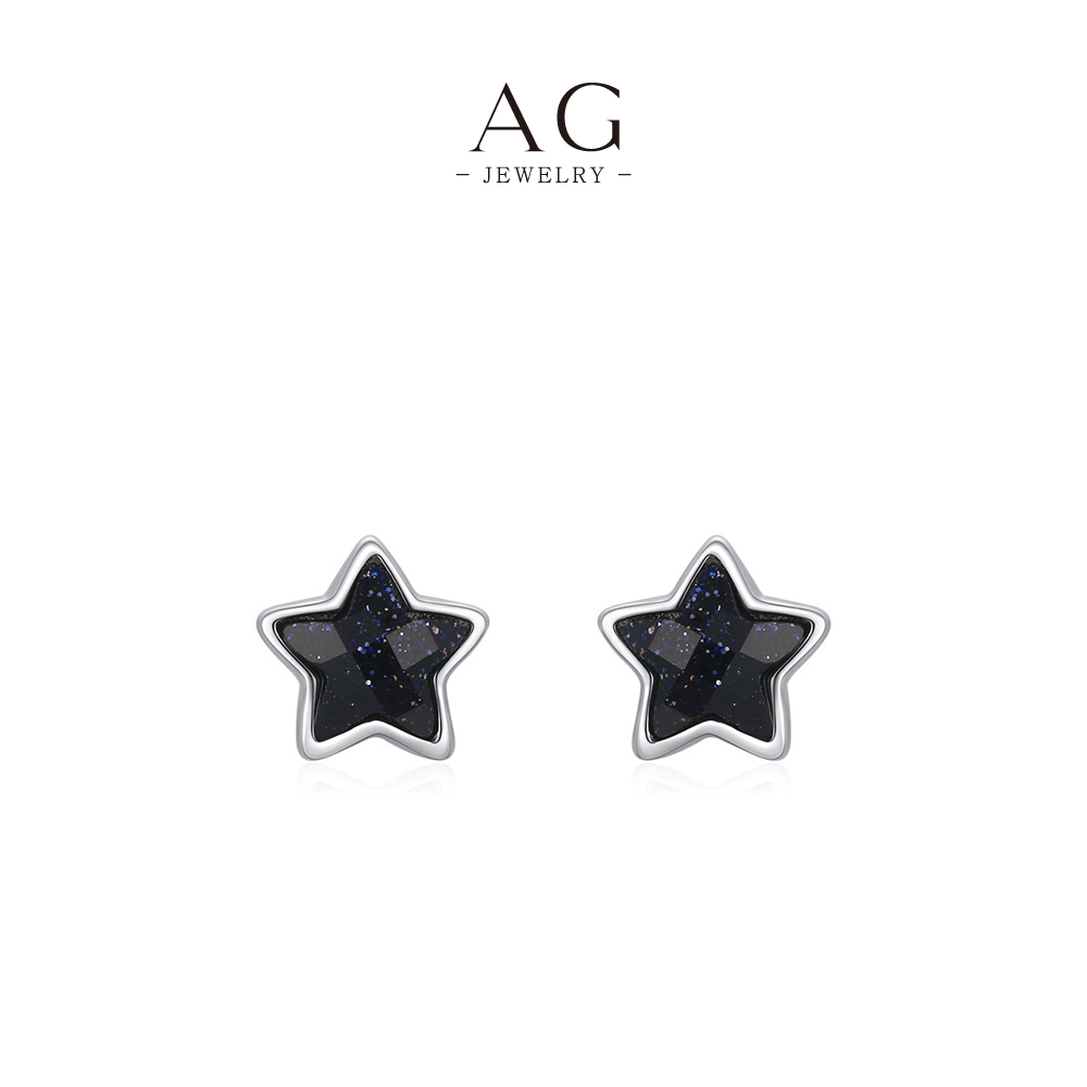 AG Black Star Glitter Zircon Stud Earrings 925 Sterling Silver AGE471