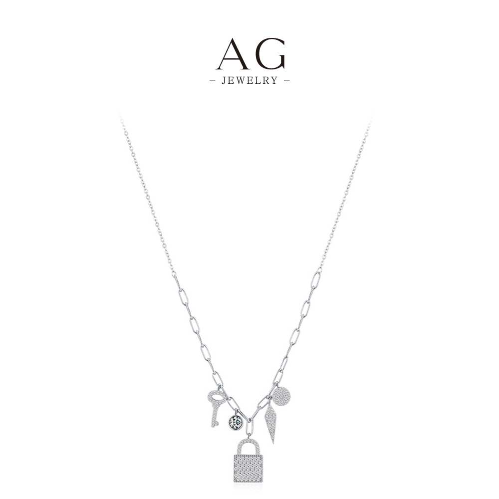 AG Vintage Key Lock and Leaf Charm Necklace 925 Sterling Silver Storytelling Jewelry AGRHN1084