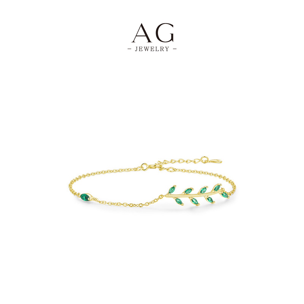 AG Leaf Green Zircon Bracelet 925 Sterling Silver Forest Theme Jewelry AGRHB1035