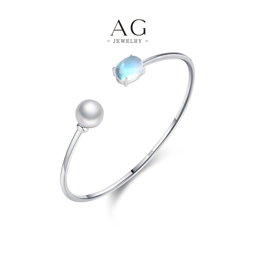 AG Moonstone and Pearl Bangle 925 Sterling Silver Celestial Ocean Jewelry AGRHB1563 