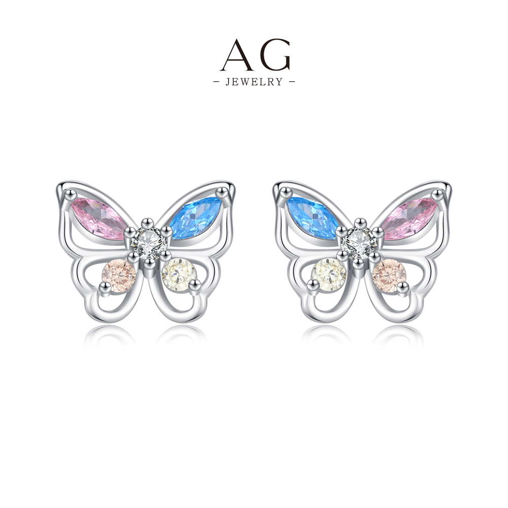 AG Rainbow Zircon Butterfly Earrings 925 Sterling Silver Colorful Garden Jewelry AGRHE1466