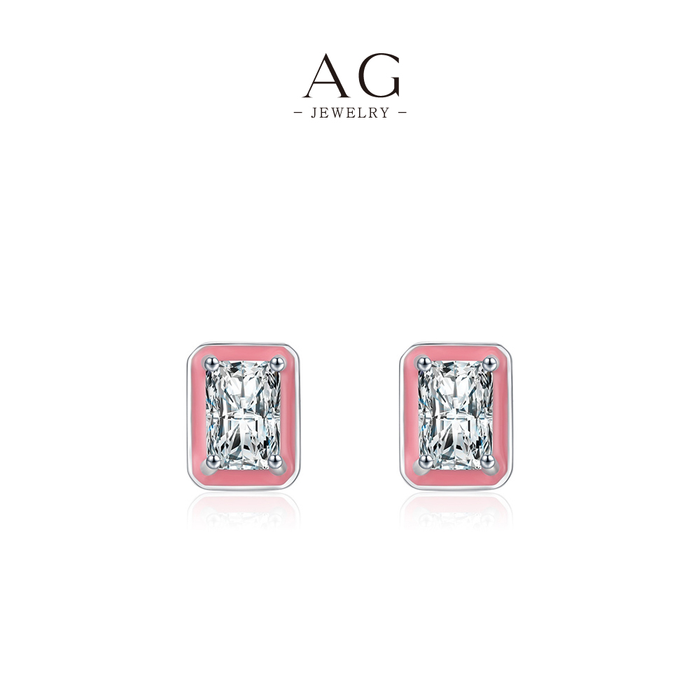 AG Pink Enamel Square Zircon Stud Earrings 925 Silver Plated Preppy Style Jewelry AGRHE1303