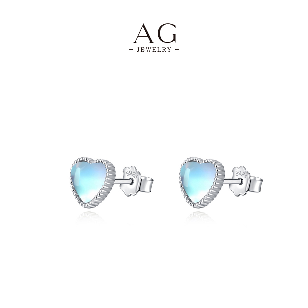 AG Heart Moonstone Stud Earrings 925 Sterling Silver Mystical Love Amulet Jewelry AGRHE1302