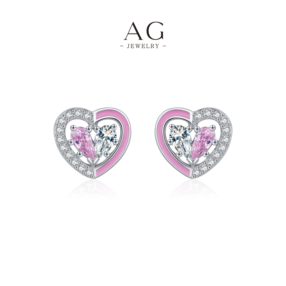 AG Pink Heart Zircon Stud Earrings 925 Sterling Silver Blushing Romance Jewelry AGRHE1804