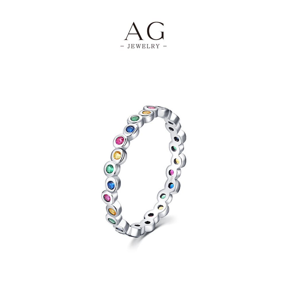 AG Rainbow Zircon Ring 925 Sterling Silver Colorful Sparkle Jewelry AGRHR811