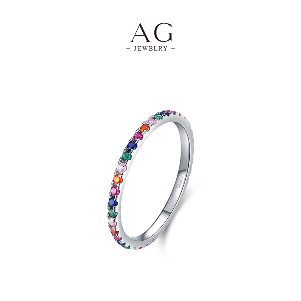 AG Rainbow Zircon Ring 925 Sterling Silver Colorful Sparkle Jewelry AGRHR653