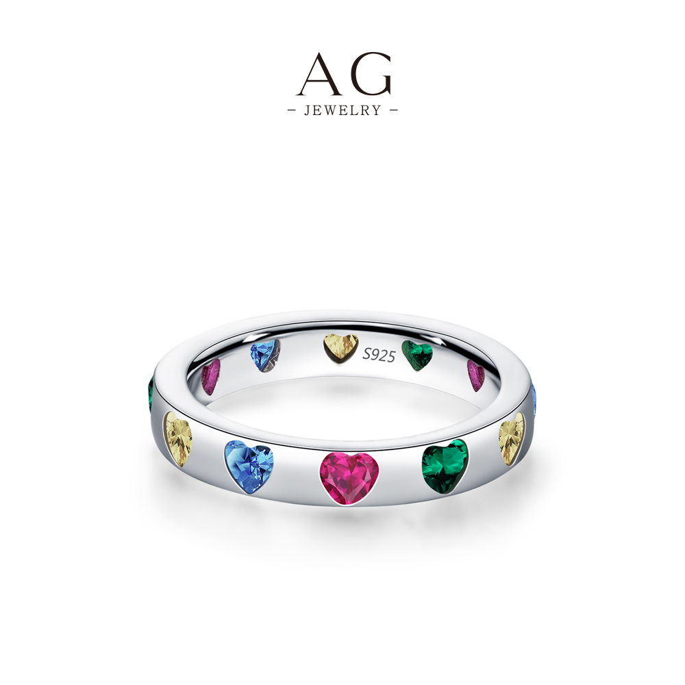 AG Multicolor Heart Zircon Ring 925 Sterling Silver Rainbow Love Token Jewelry AGRHR1913