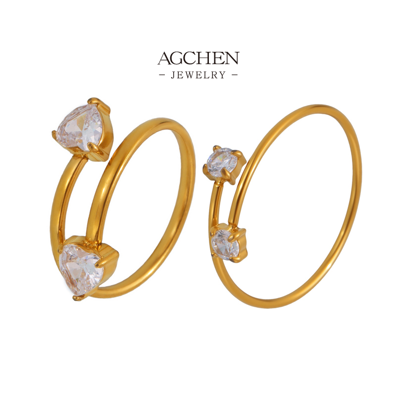AGCHEN Stainless Steel Square Zirconia Open Ring Adjustable Jewelry AGA032