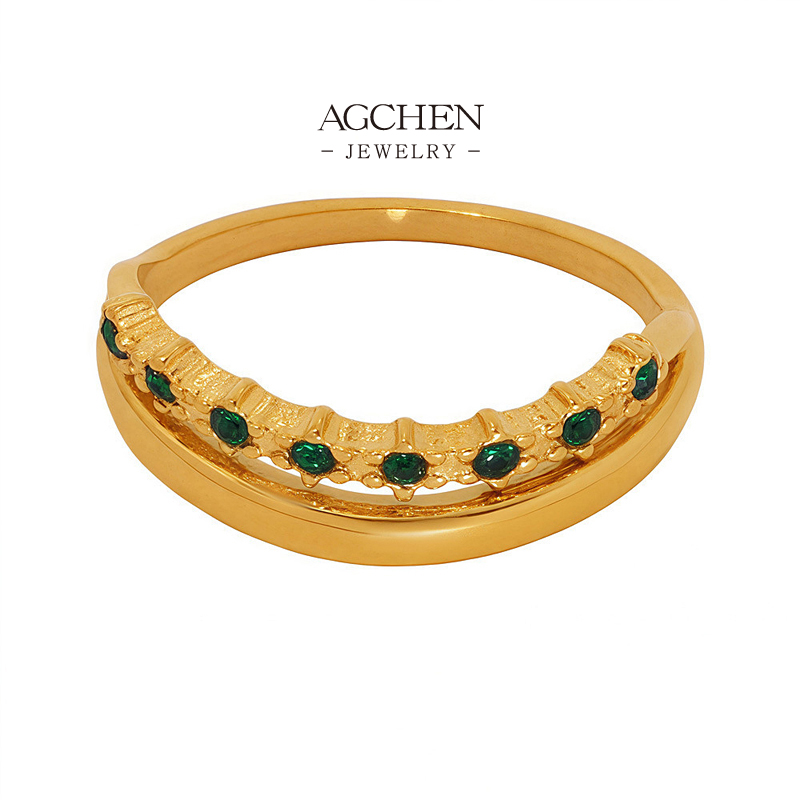 AGCHEN Stainless Steel Green Zirconia Ring Colored Gemstone Jewelry Custom Order Manufacturer AGA013
