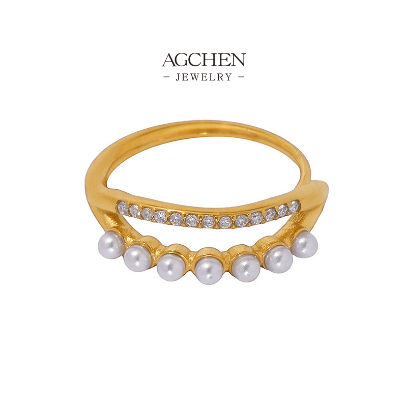 AGCHEN Stainless Steel Pearl Zirconia Ring Bridal Wedding Jewelry AGA054