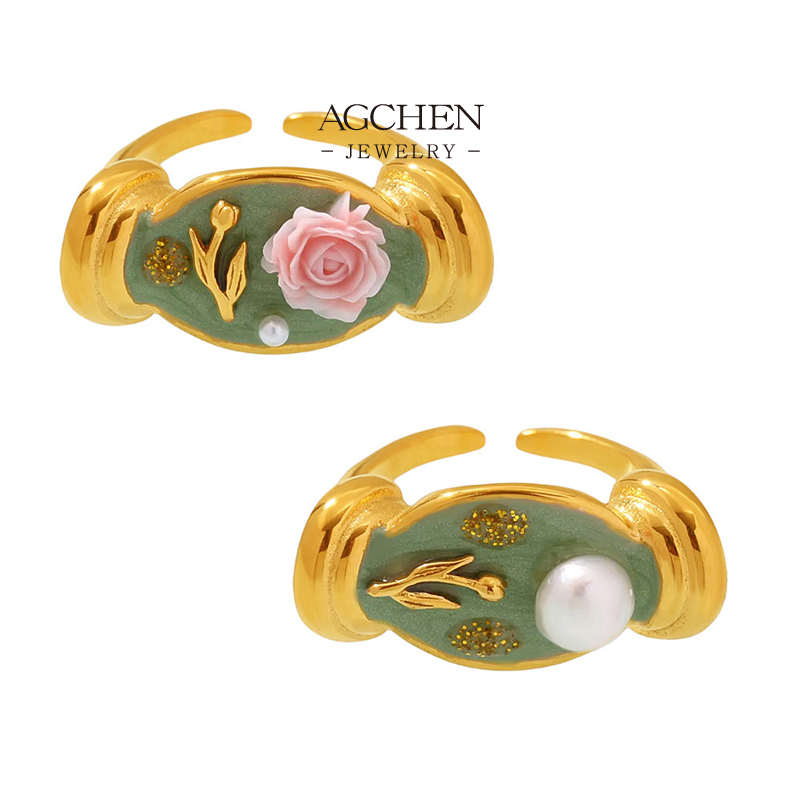 AGCHEN Stainless Steel Rose Flower Ring Romantic Jewelry Bulk Order Custom Design AGA092