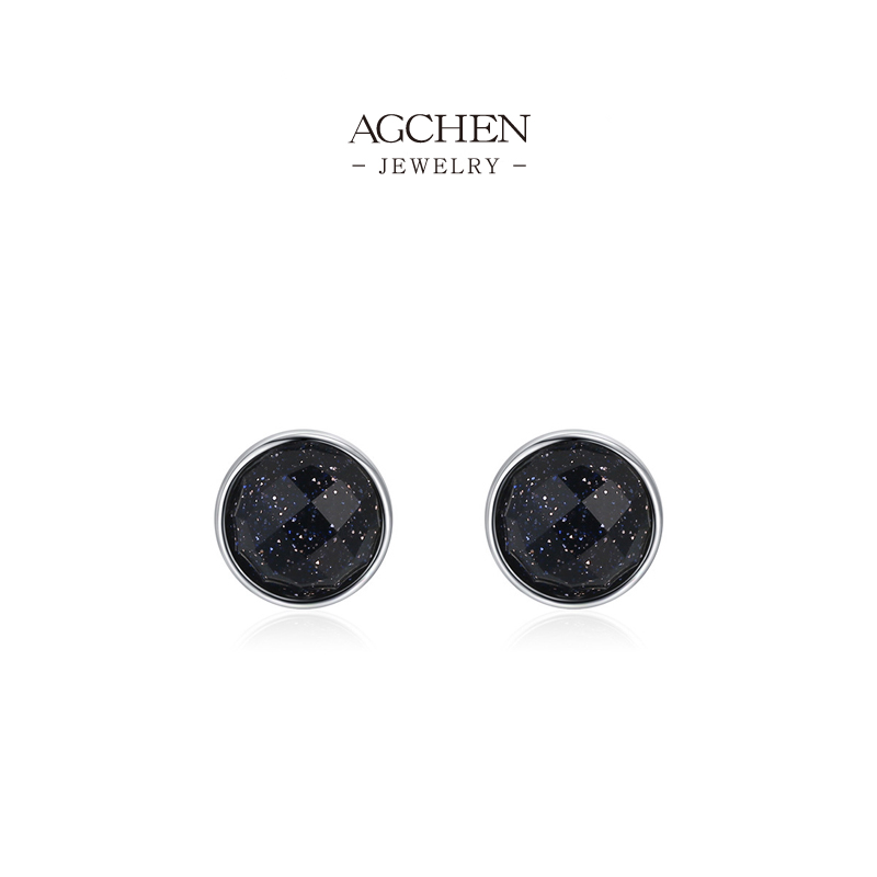 AGCHEN Black Round Glitter Zircon Stud Earrings 925 Sterling Silver AGE873