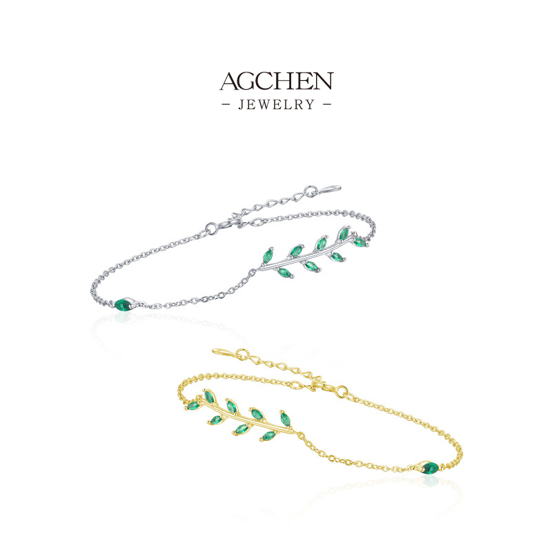 AGCHEN Leaf Green Zircon Bracelet 925 Sterling Silver Forest Theme Jewelry AGRHB1035