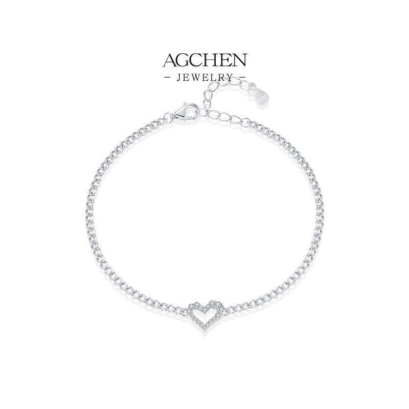 AGCHEN Heart Zircon Tennis Bracelet 925 Sterling Silver Romantic Love Token AGMSB0034