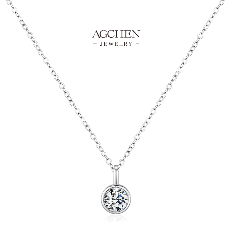 AGCHEN Classic Round Zircon Solitaire Necklace 925 Sterling Silver AGMSN0013