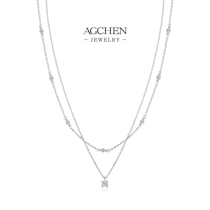 AGCHEN Double Layer Zircon Choker Necklace 925 Sterling Silver Stackable Fashion Jewelry AGMSN0030