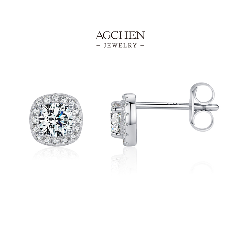 AGCHEN Square Teardrop Heart Round Zircon Stud Earrings 925 Sterling Silver Multi Shape Jewelry Set AGMSE0039