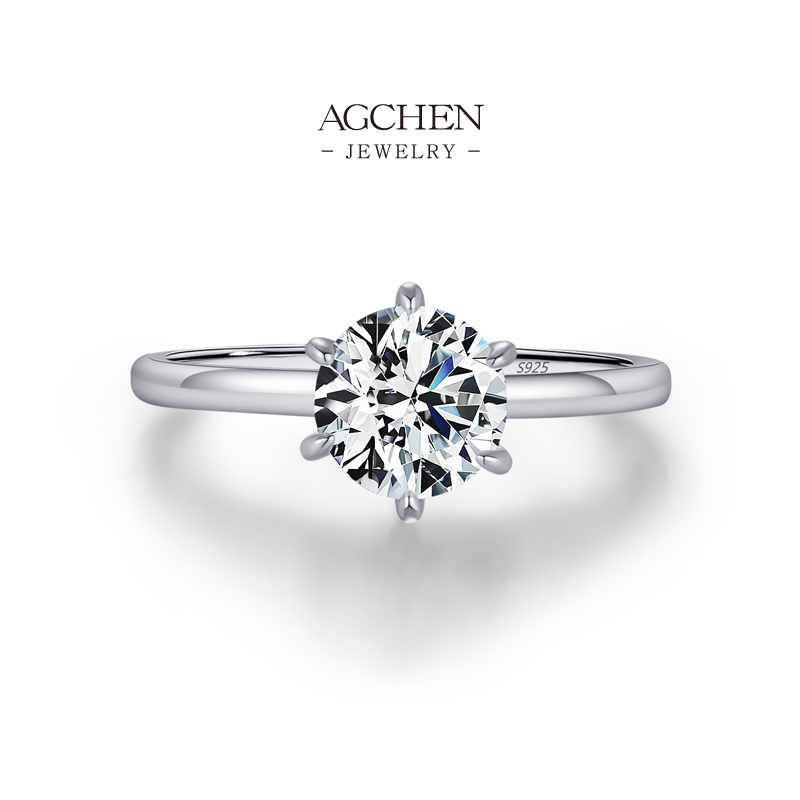 AGCHEN Round Brilliant Zircon Ring 925 Sterling Silver Timeless Solitaire Jewelry AGMSR0049