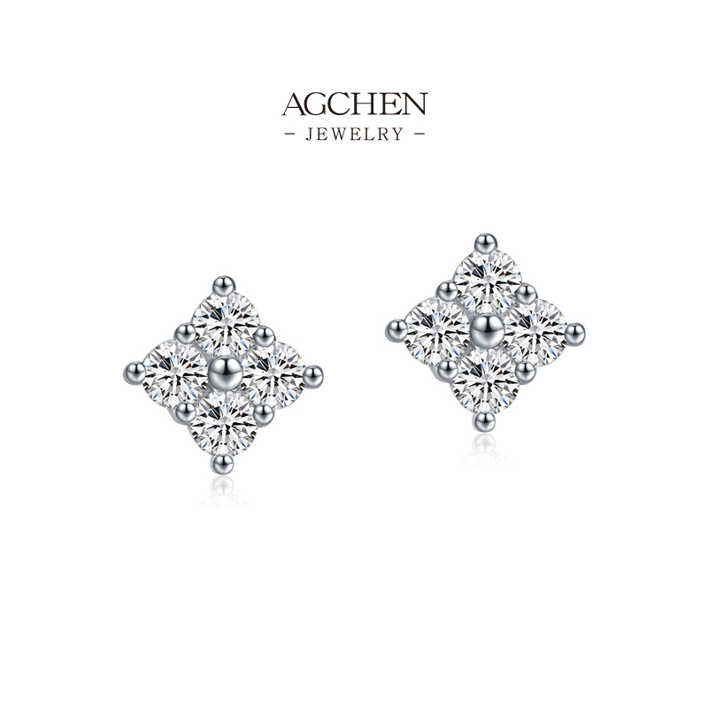 AGCHEN Diamond Cut Zircon Stud Earrings 925 Sterling Silver Angular Light Reflection Jewelry AGMSE0024 