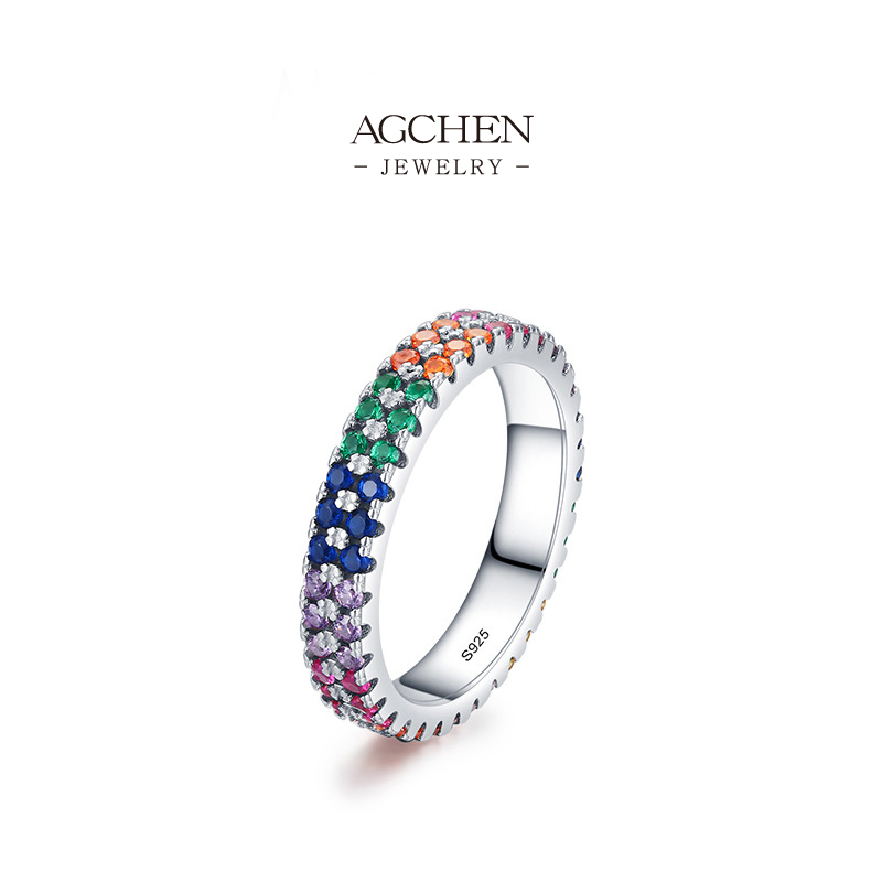 AGCHEN Rainbow Zircon Band Ring 925 Sterling Silver Kaleidoscope Jewelry AGRHR1097