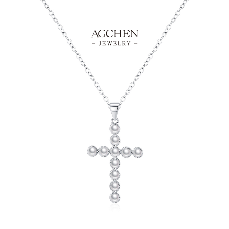 AGCHEN 925 Silver Cross Pearl Pendant Necklace BSCI Certified Supplier AGRHN1900