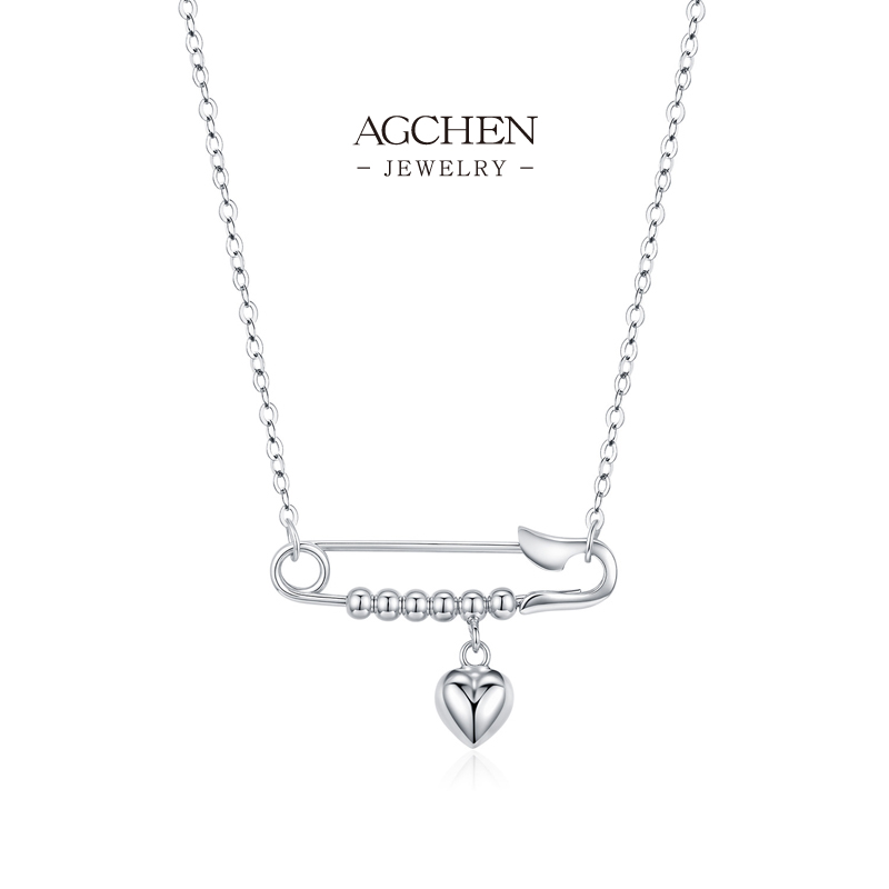 AGCHEN Paperclip Heart Drop Necklace 925 Sterling Silver Unique Minimalist Love Gift AGRHN1984