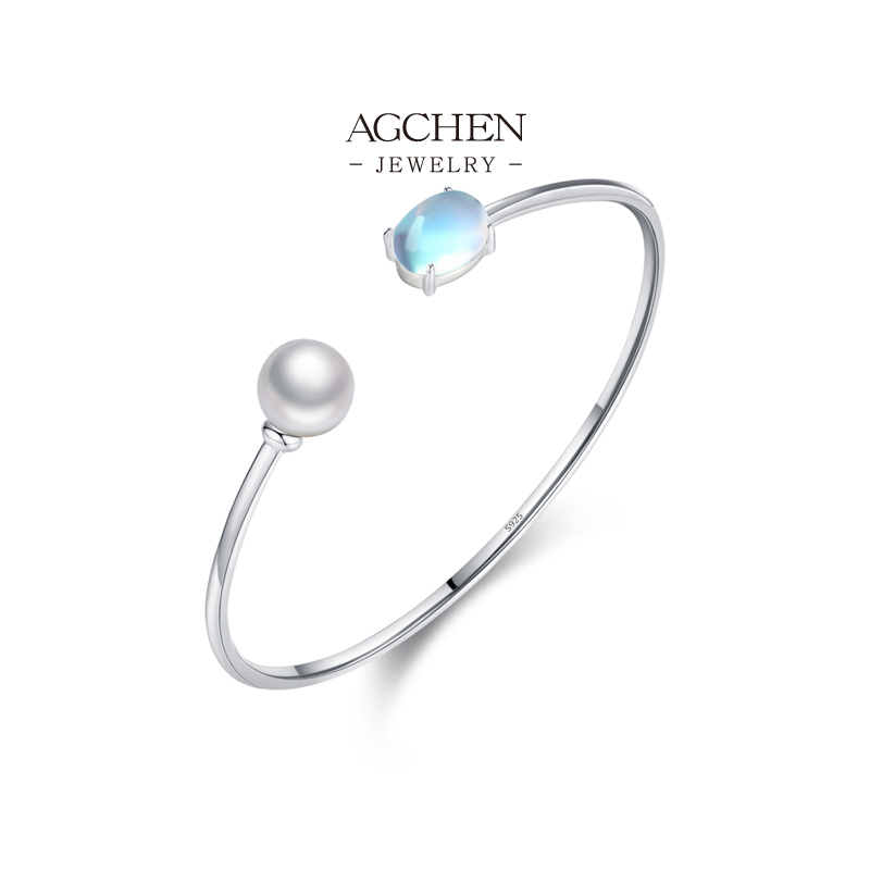 AGCHEN Moonstone and Pearl Bangle 925 Sterling Silver Celestial Ocean Jewelry AGRHB1563 