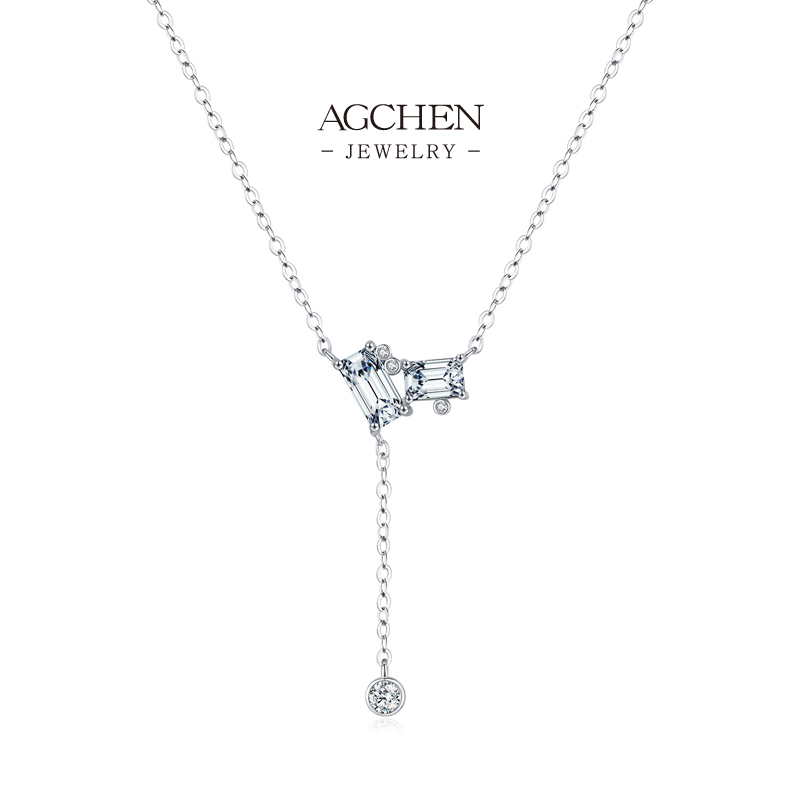 AGCHEN Geometric Zircon Drop Pendant Necklace 925 Sterling Silver Modern Linear Design AGRHN1865