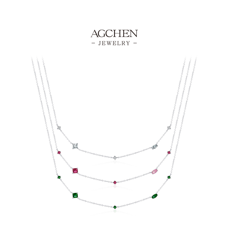 AGCHEN Geometric Zircon Necklace Collection 925 Sterling Silver Multicolor Birthstone Series AGRHN1408