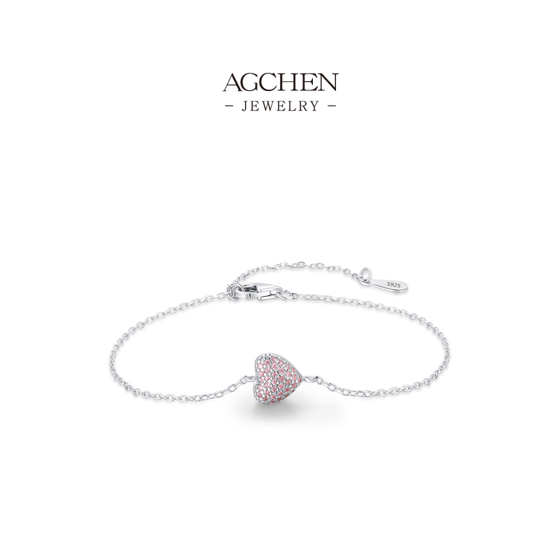 AGCHEN Pav&eacute; Heart Zircon Bracelet 925 Sterling Silver Anniversary Gift for Her AGRHB1364
