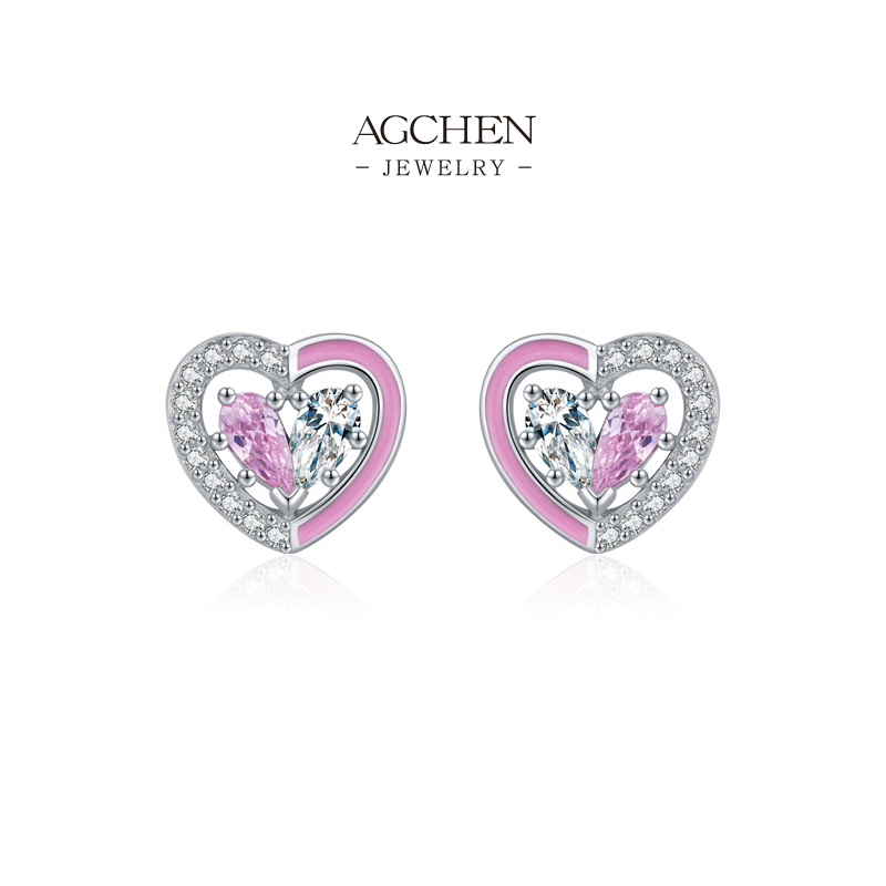 AGCHEN Pink Heart Zircon Stud Earrings 925 Sterling Silver Blushing Romance Jewelry AGRHE1804