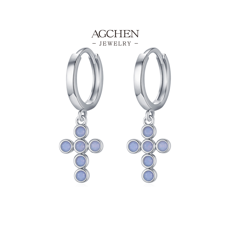 AGCHEN Cross Opal Earrings 925 Sterling Silver Iridescent Spiritual Jewelry Gift AGRHE1918
