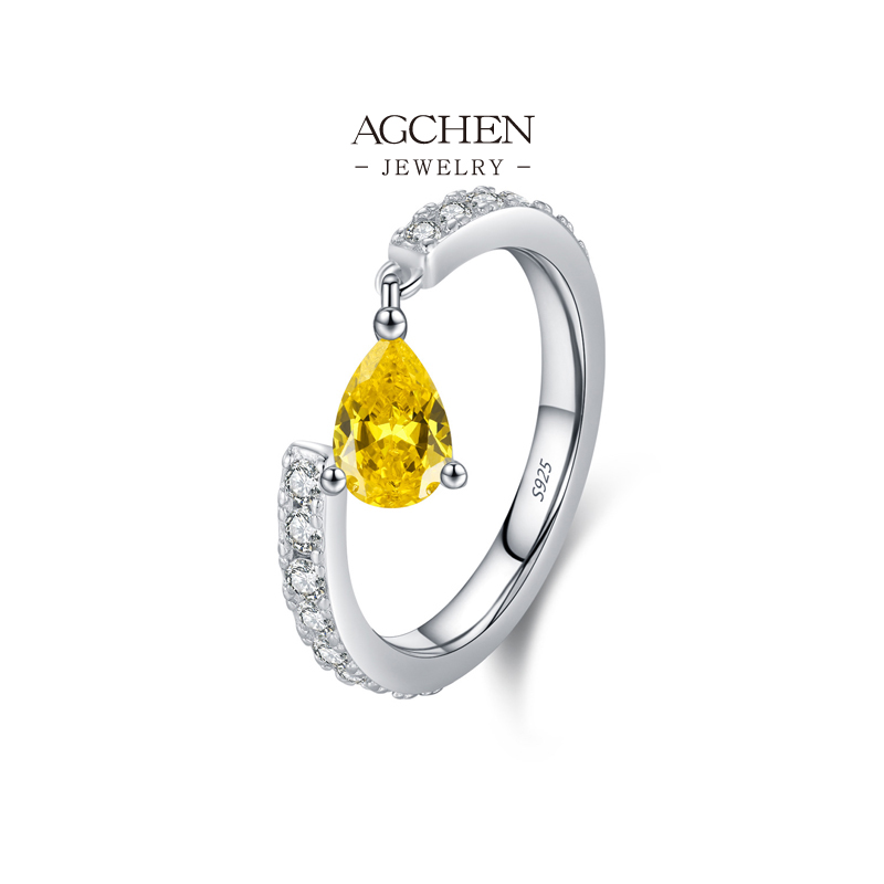 AGCHEN JEWELRY Champagne Teardrop Zircon Ring 925 Sterling Silver Luxury Bridal Jewelry AGRHR1837