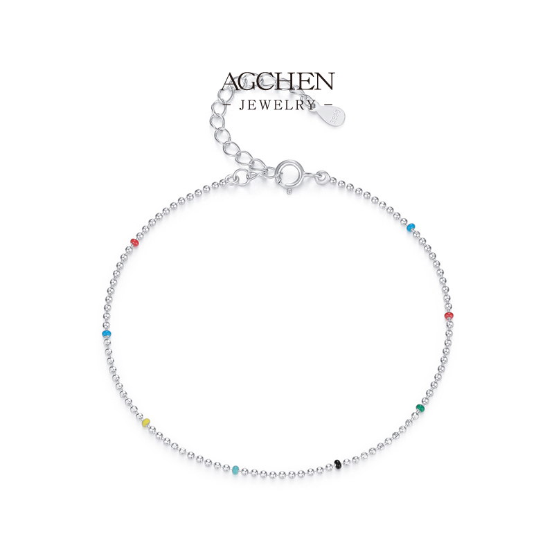 AGCHEN Colorful Beaded Bracelet 925 Sterling Silver Rainbow Boho Style Jewelry AGRHB1533